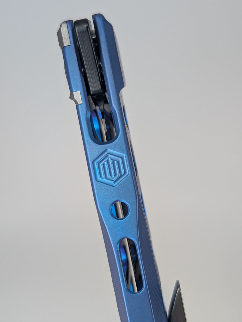 MachineWise Sonora E-Blue Ti  ( S90V | Raw Ti Bolster | Sunray-Skeleton |DLC Blade) Integral Buttonlock Folding Knife #1920