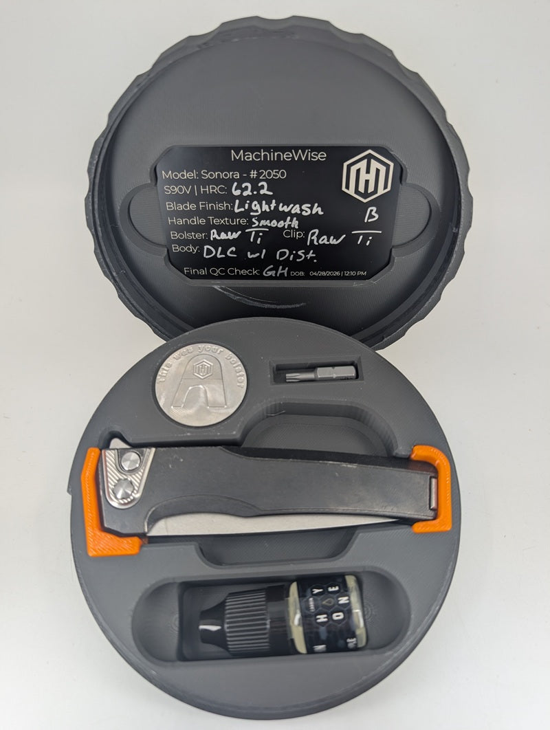 MachineWise Sonora Smooth DLC Black w/ Distress Titanium (S90V | Titanium Bolster) Button Lock Folding Knife #2050 *BLEM*