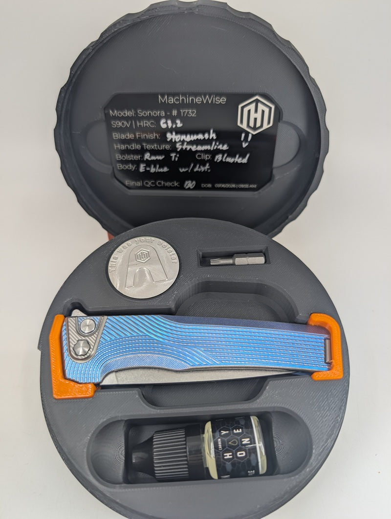 MachineWise Sonora Streamline E-Blue w/ Distress (S90V | Ti Bolster) Buttonlock Folding Knife #1732