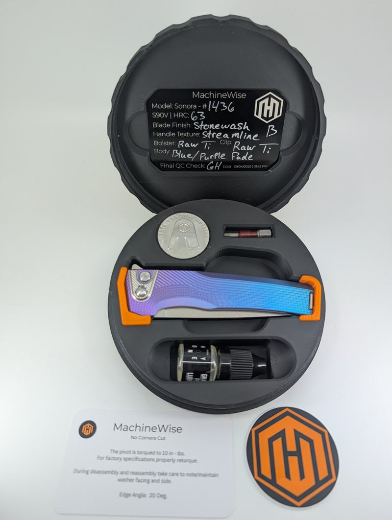 MachineWise Sonora Blue Purple Fade Streamliner w/ Ti Bolster Buttonlock Folding Knife #1436 *BLEM*