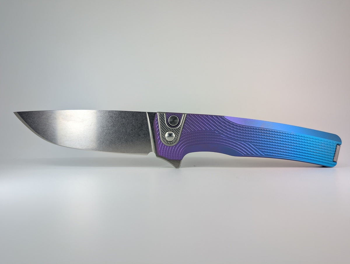 MachineWise Sonora Blue Purple Fade Streamliner w/ Ti Bolster Buttonlock Folding Knife #1436 *BLEM*