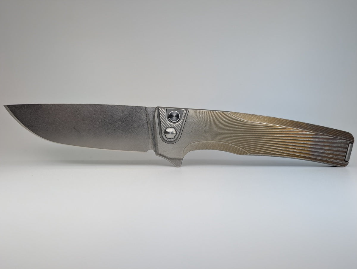 MachineWise Sonora Sun Ray Raw Fade 1685 (S90V | Ti Bolster) Buttonlock Folding Knife