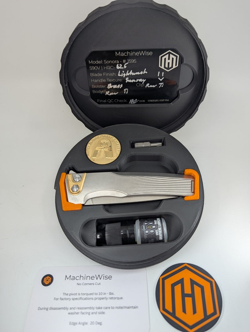 MachineWise Sonora Raw Ti (Brass Bolster | Sun Ray Handle) Buttonlock Folding Knife #1595
