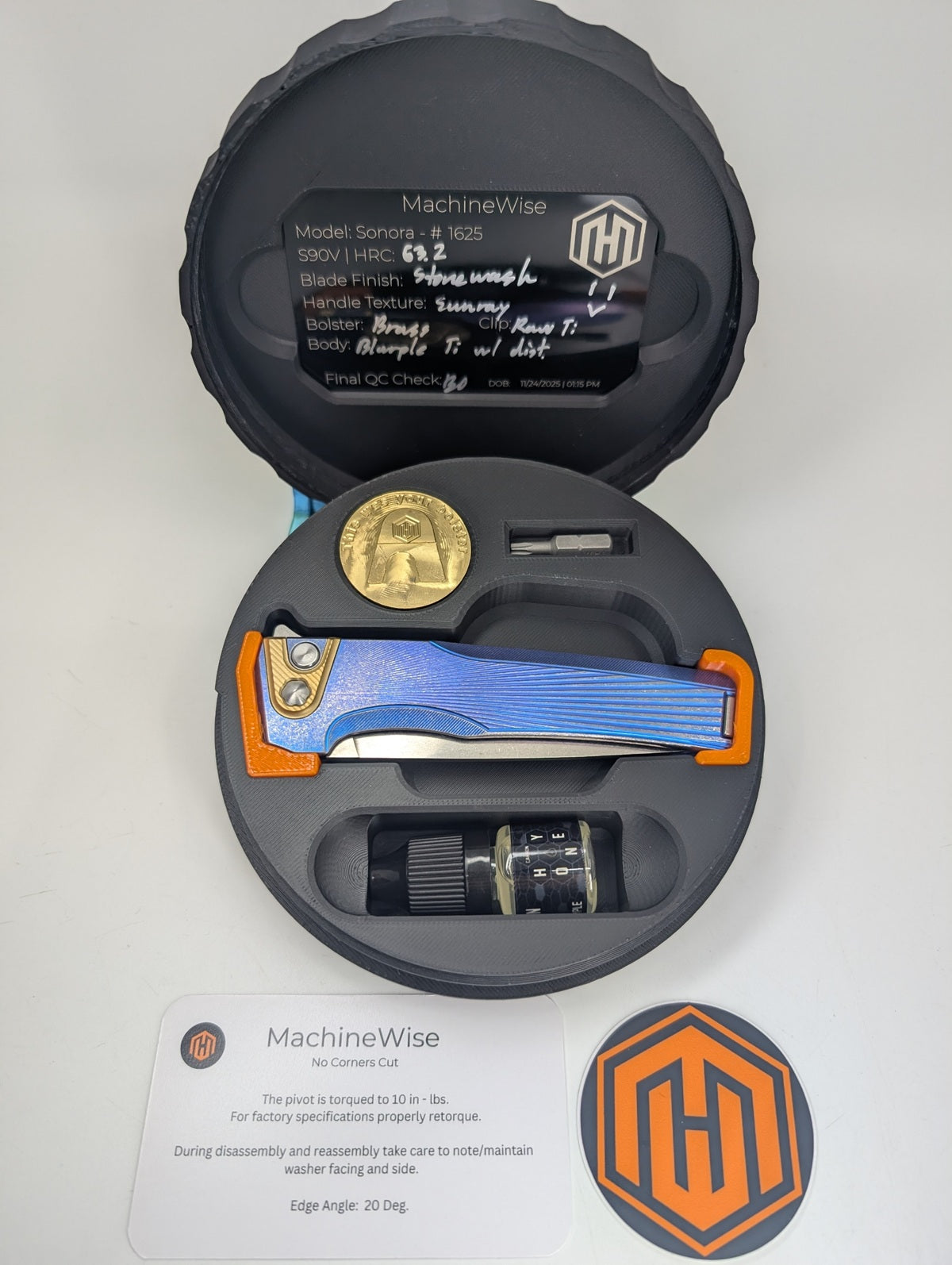 MachineWise Sonora Raw Ti (Brass Bolster | Sun Ray Handle) Buttonlock Folding Knife #1625