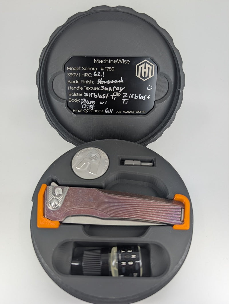 MachineWise Sonora Plum w/ Distress ( S90V | Ti Bolster | Sun Ray Handle ) Integral Buttonlock Folding Knife #1780