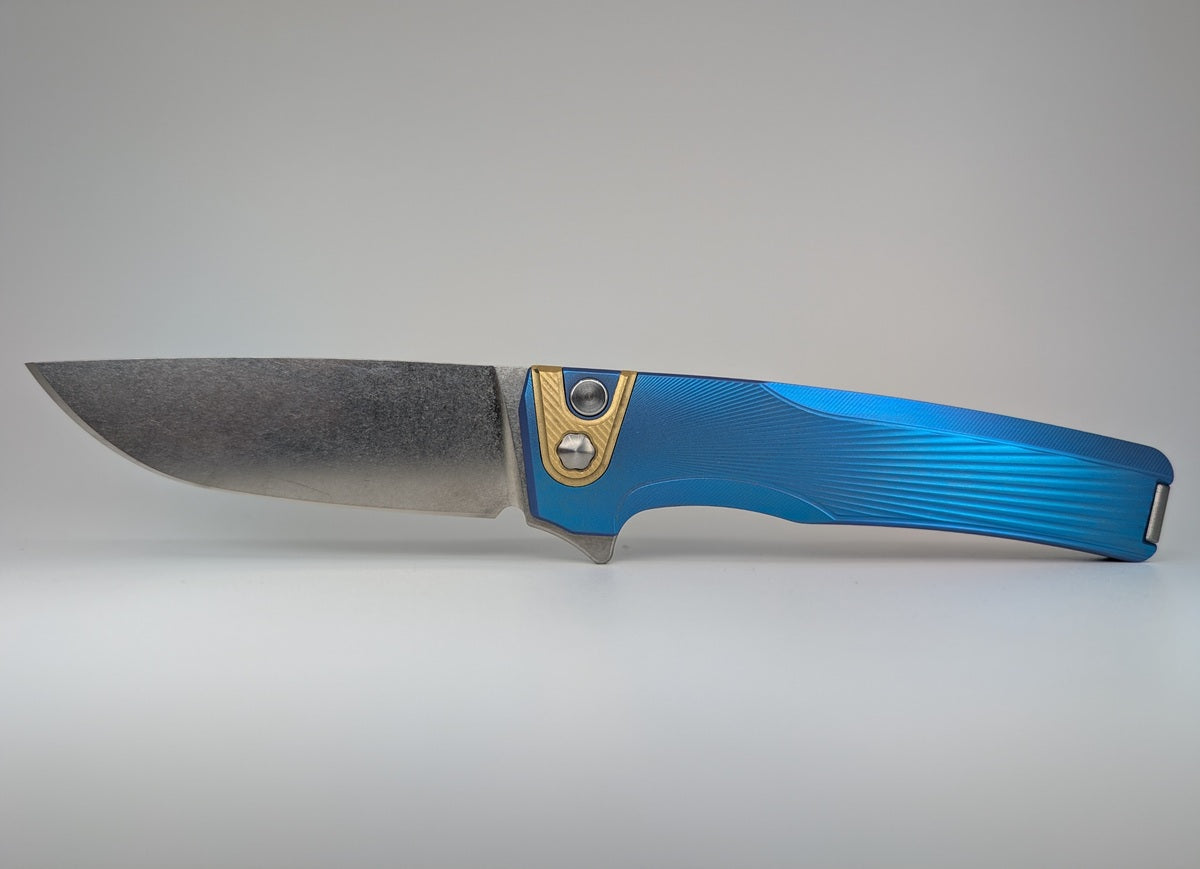 MachineWise Sonora Teal Ti (Brass Bolster | Sun Ray Handle) Buttonlock Folding Knife #1604