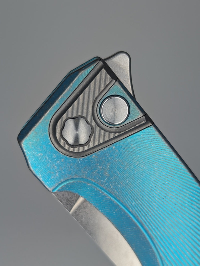 MachineWise Sonora Teal w/ Distress ( S90V | Ti Bolster | Sun Ray Handle ) Integral Buttonlock Folding Knife #1779