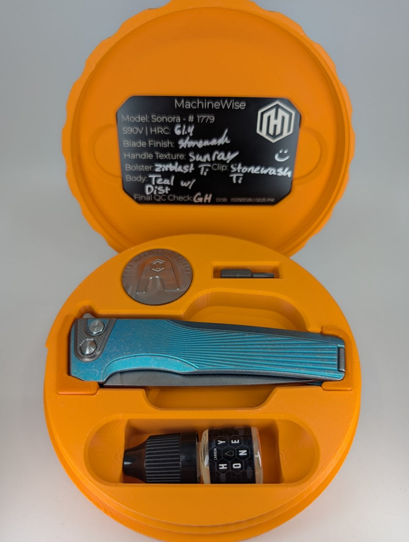 MachineWise Sonora Teal w/ Distress ( S90V | Ti Bolster | Sun Ray Handle ) Integral Buttonlock Folding Knife #1779