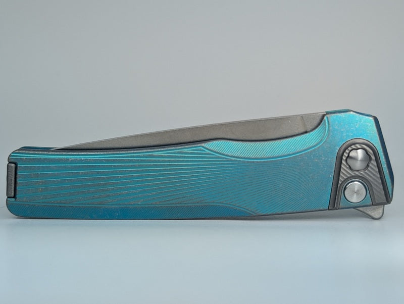MachineWise Sonora Teal w/ Distress ( S90V | Ti Bolster | Sun Ray Handle ) Integral Buttonlock Folding Knife #1779