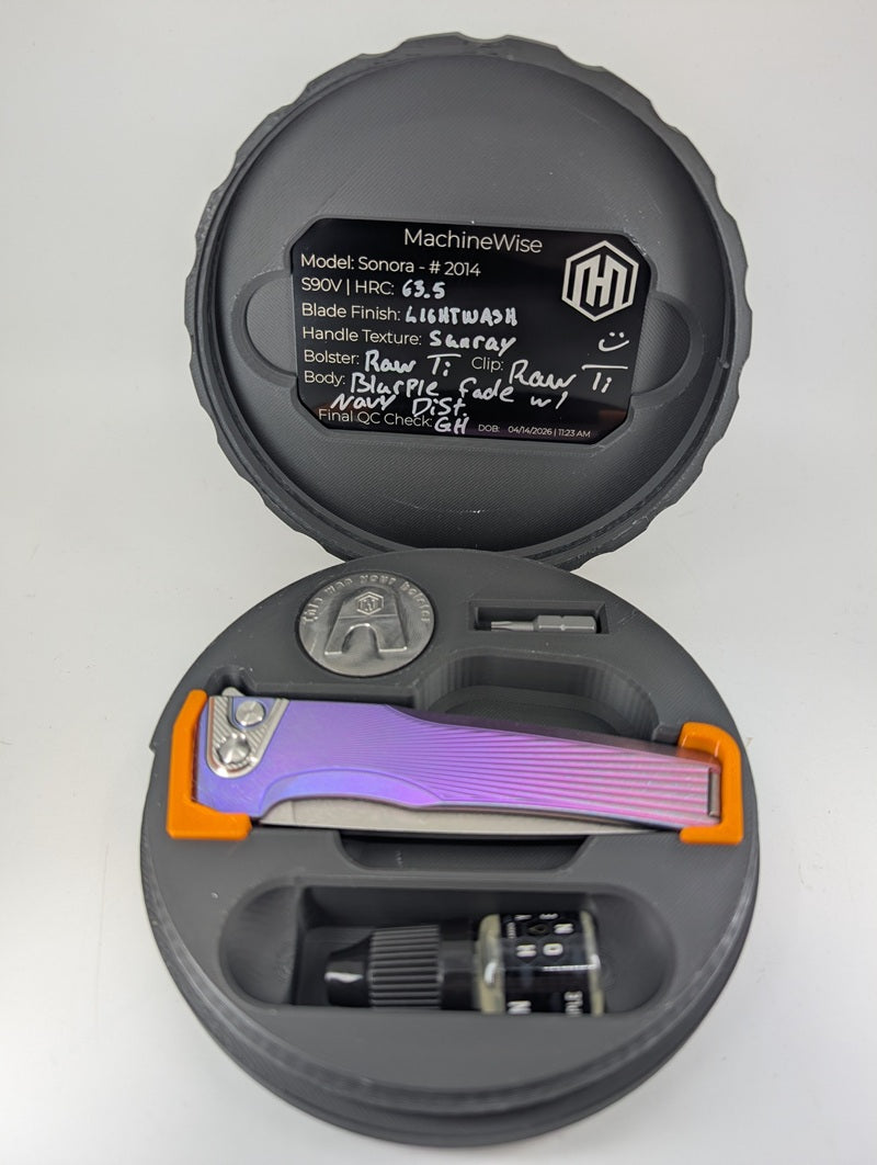 MachineWise Sonora Sunray Blurple Fade w/ Navy Distress (S90V | Titanium Bolster) Button Lock Folding Knife #2014