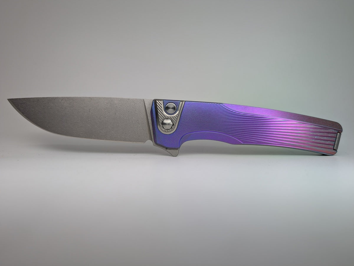 MachineWise Sonora Sunray Blurple Fade w/ Navy Distress (S90V | Titanium Bolster) Button Lock Folding Knife #2014