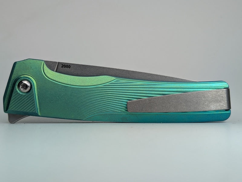 MachineWise Sonora Sunray Green Ti (S90V | Brass Bolster) Button Lock Folding Knife #2080