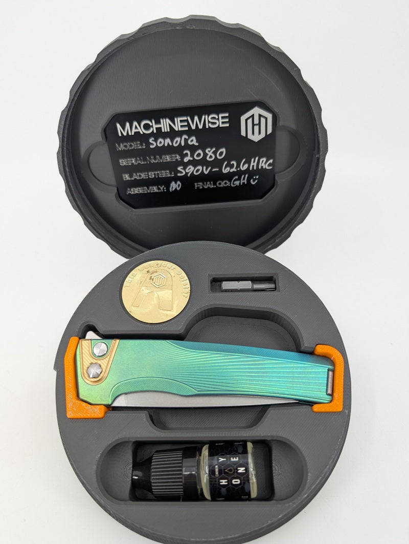MachineWise Sonora Sunray Green Ti (S90V | Brass Bolster) Button Lock Folding Knife #2080
