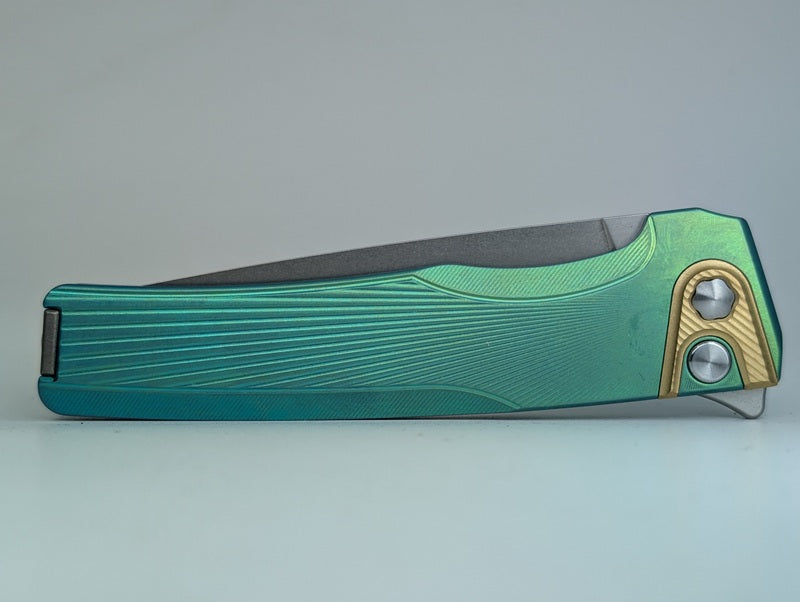 MachineWise Sonora Sunray Green Ti (S90V | Brass Bolster) Button Lock Folding Knife #2080