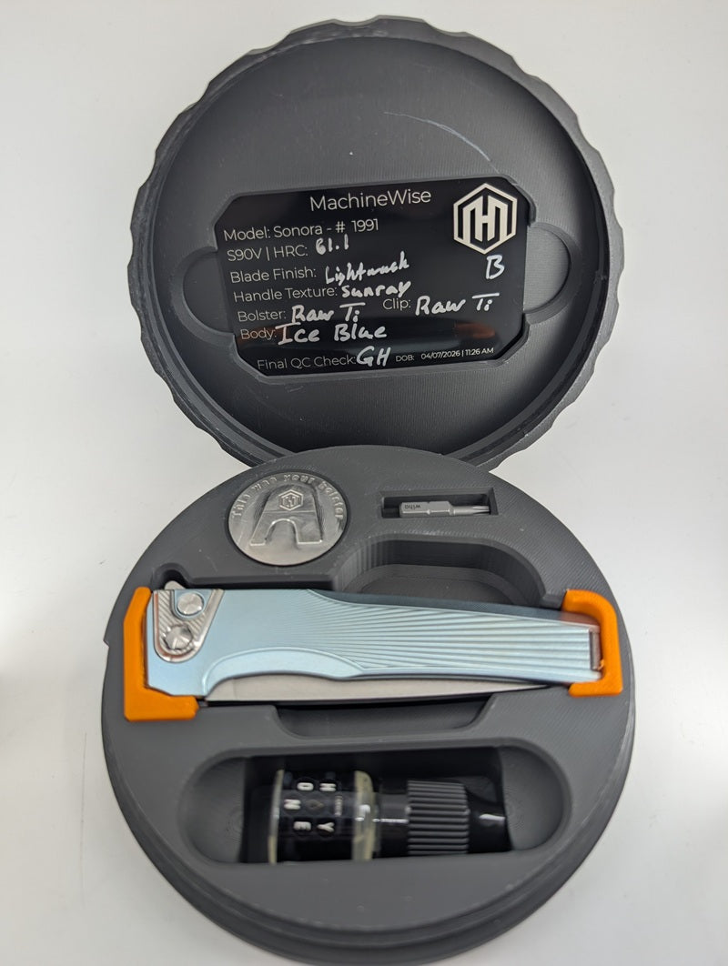 MachineWise Sonora Sunray Ice Blue Titanium (S90V | Titanium Bolster) Button Lock Folding Knife #1991 *BLEM*
