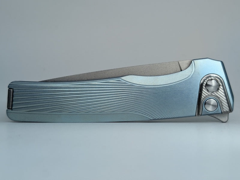 MachineWise Sonora Sunray Ice Blue Titanium (S90V | Titanium Bolster) Button Lock Folding Knife #1991 *BLEM*