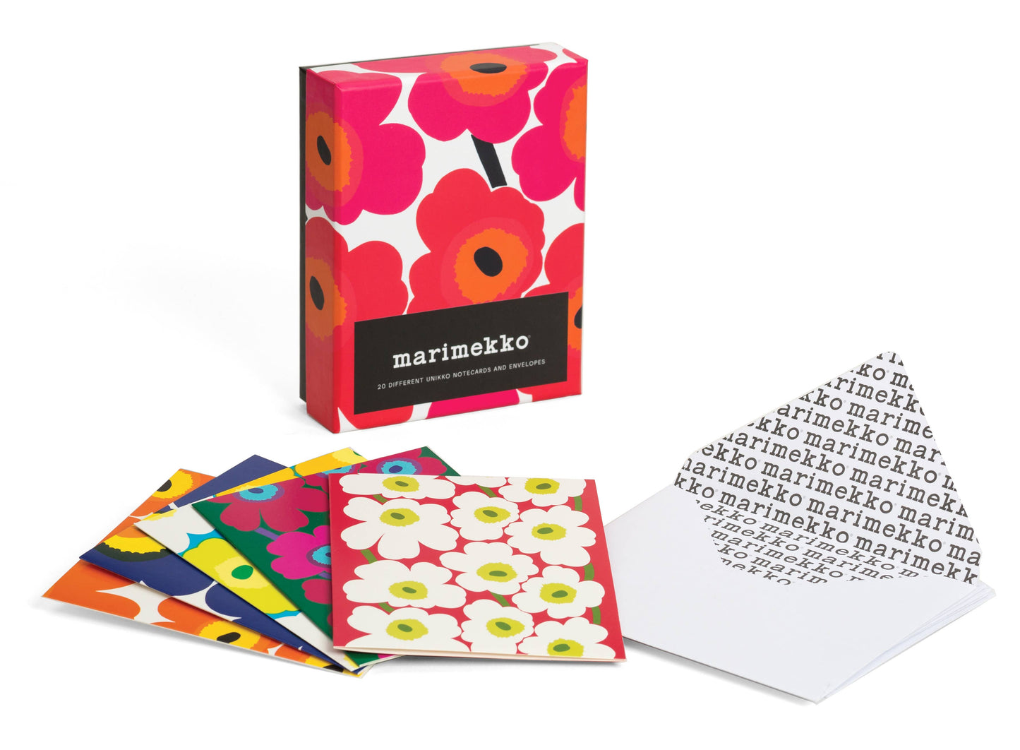 Marimekko stationery set with colorful cards and a box on a white background