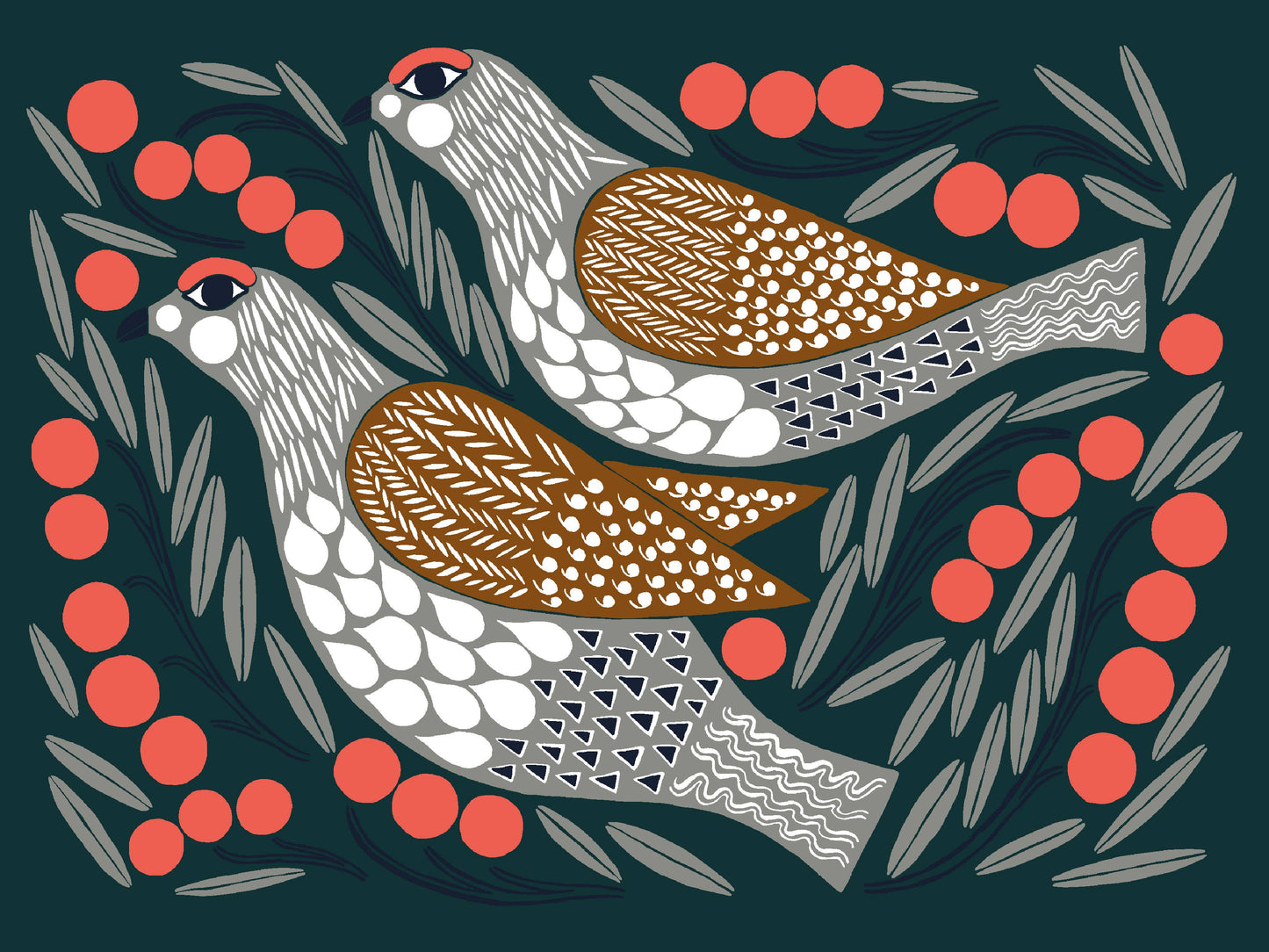 Two stylized birds with red berries and green leaves on a dark background
