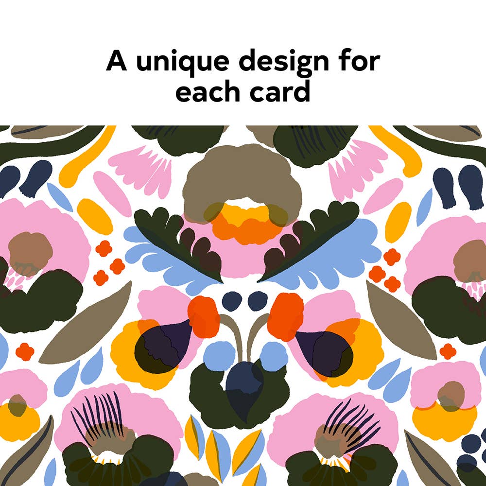 Colorful floral pattern on a white background with text 'A unique design for each card'.
