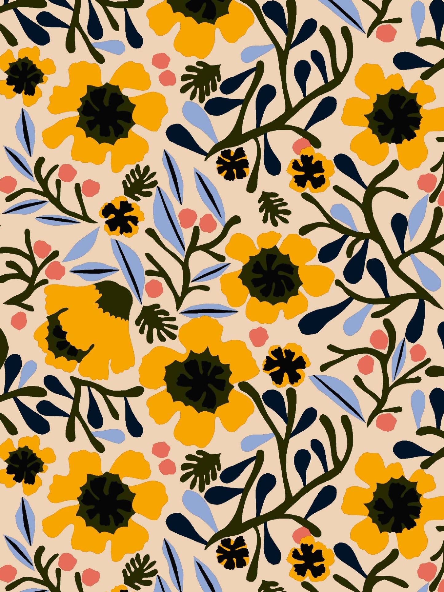 Pattern of yellow flowers with green leaves on a beige background
