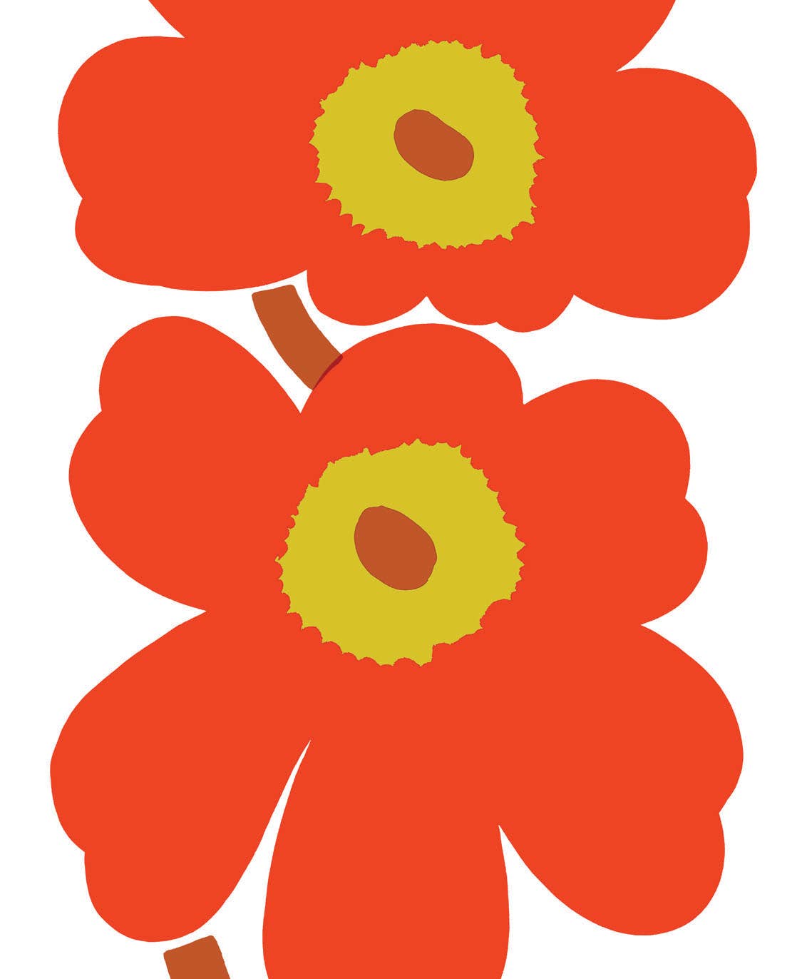 Two orange flowers with green centers on a white background