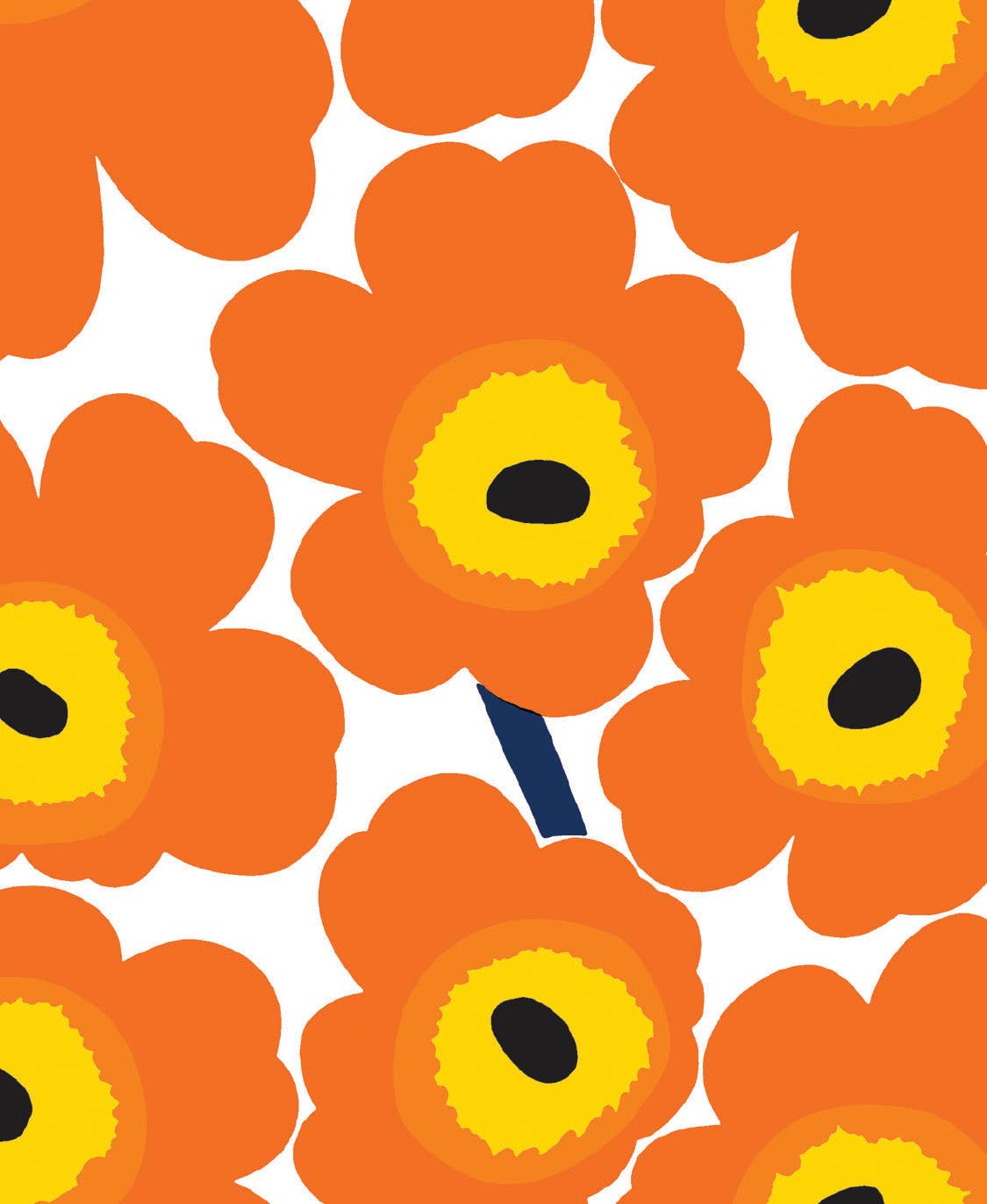 Pattern of orange flowers with yellow centers on a white background