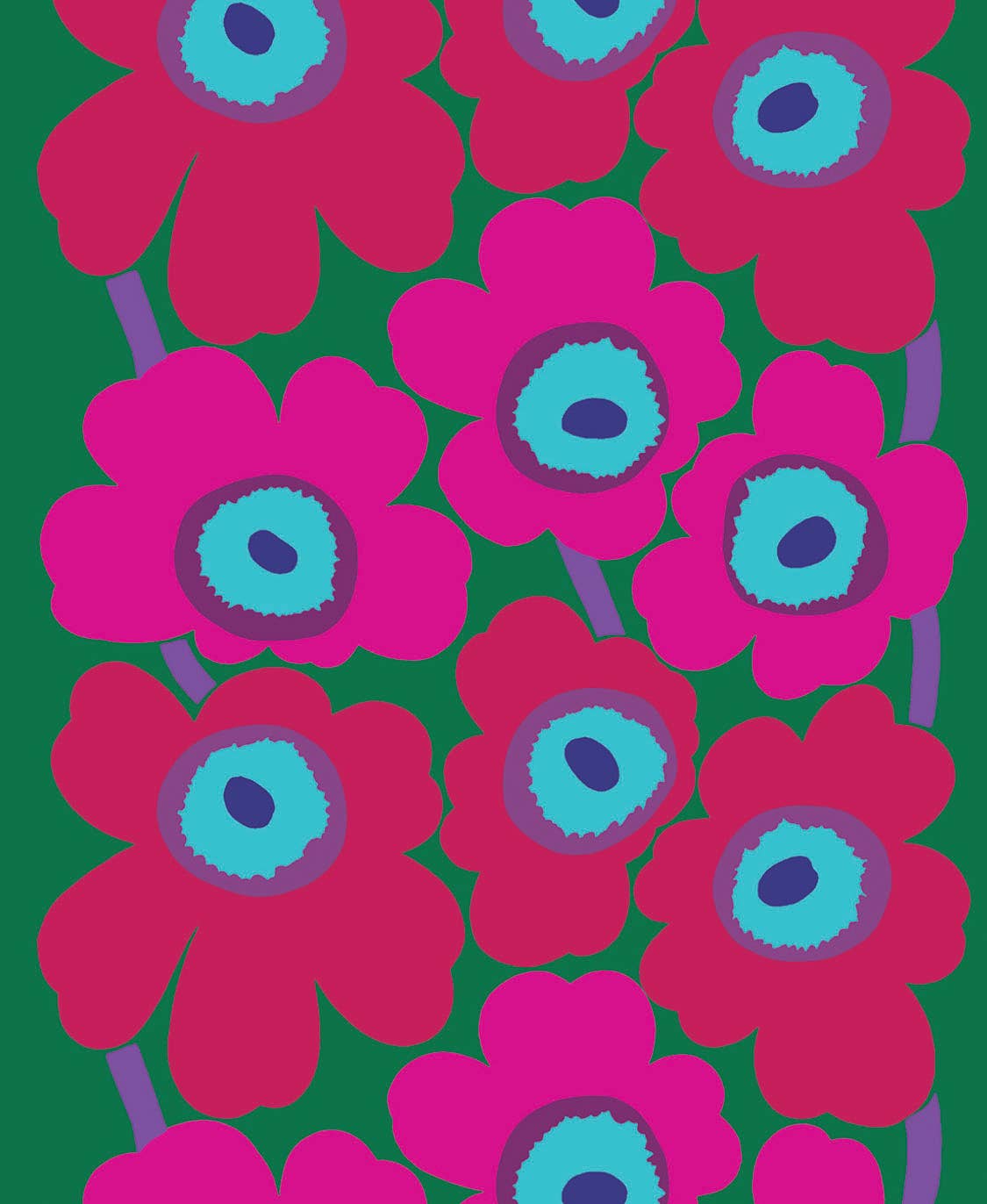 Pattern of pink flowers with blue centers on a green background