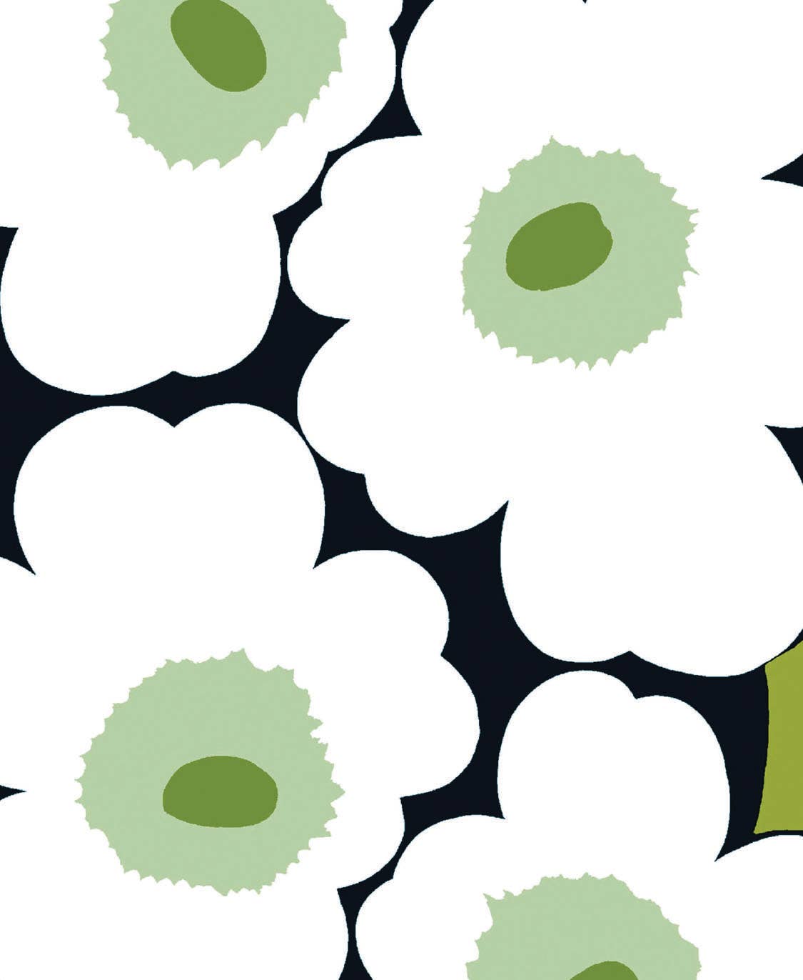 Pattern of white flowers with green centers on a black background