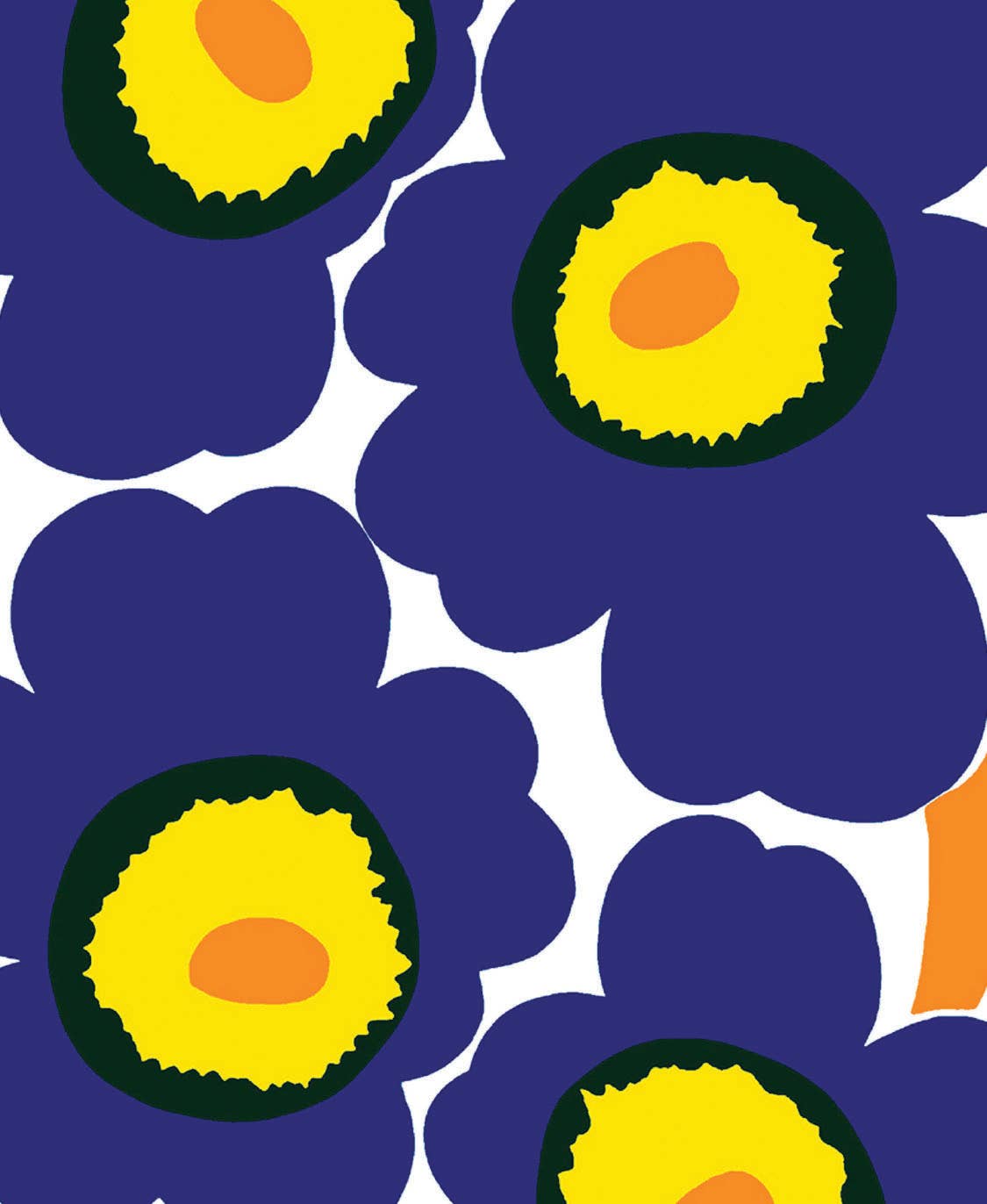 Pattern of blue flowers with yellow centers and orange spots on a white background