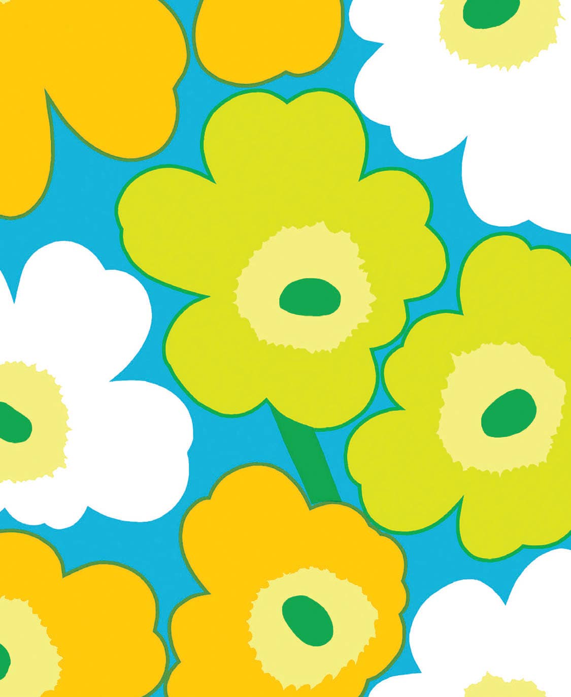 Colorful floral pattern with green, yellow, and white flowers on a blue background