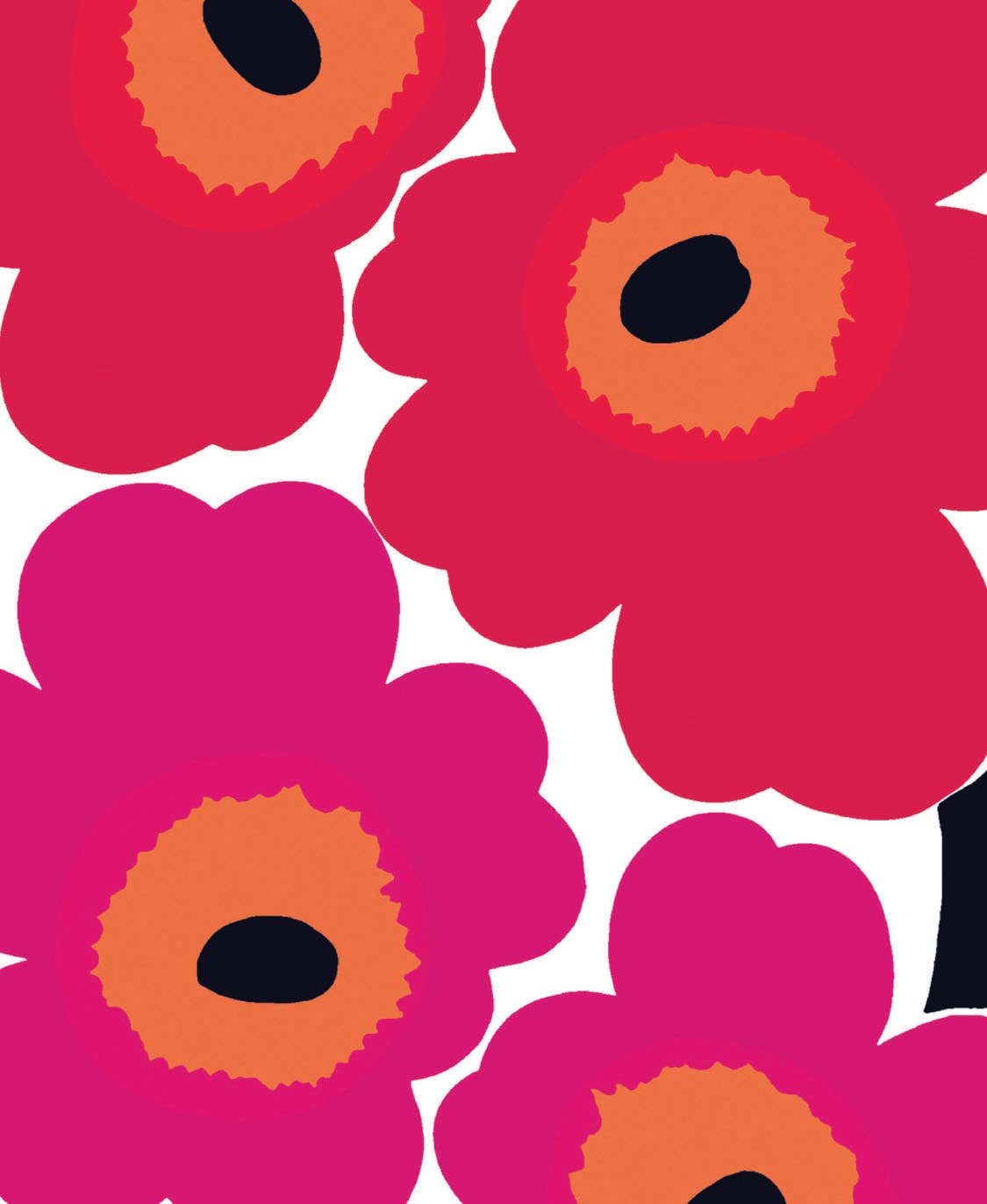 Pattern of pink and red flowers with orange centers on a white background