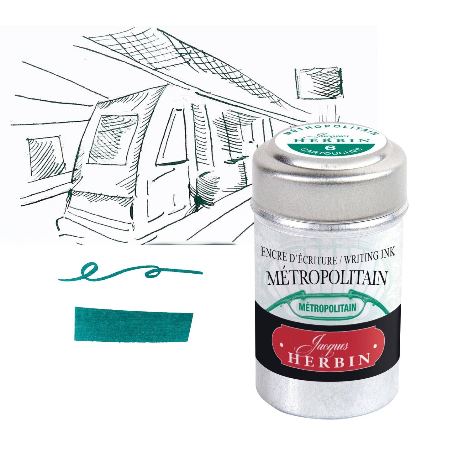 Writing ink bottle with Jacques Herbin branding and a sample of teal ink on a white background.
