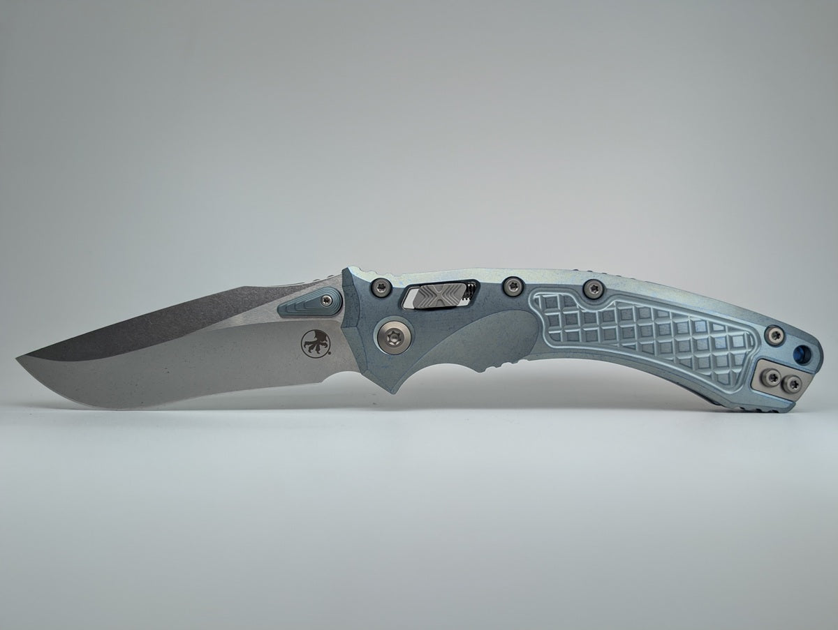Microtech Amphibian RAM-LOK Marfione Select Ice Blue Frag Titanium Folding Knife
