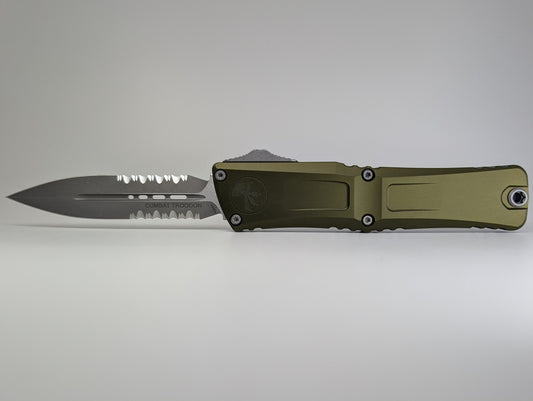 Microtech Combat Troodon D/E Gen III OD Green Apocalyptic Partial Serrated Out the Front Knife