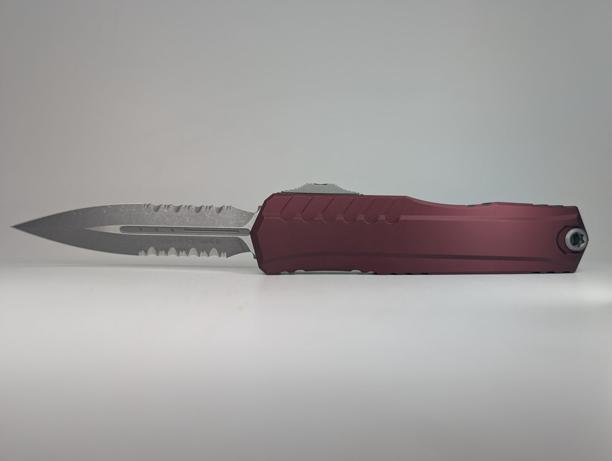 Microtech Cypher II Double Edge Merlot Partial Serrated Out the Front Knife