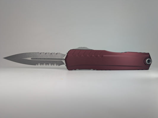 Microtech Cypher II Double Edge Merlot Partial Serrated Out the Front Knife