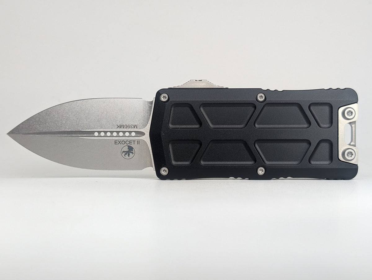 Microtech Exocet II Black Aluminum Money Clip Out the Front Knife