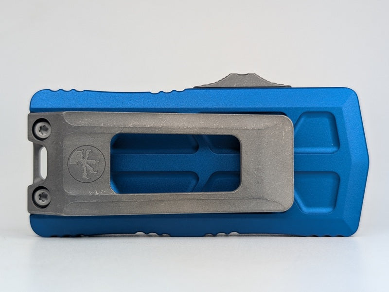 Microtech Exocet II Blue Double Edge Apocalyptic Out the Front Knife