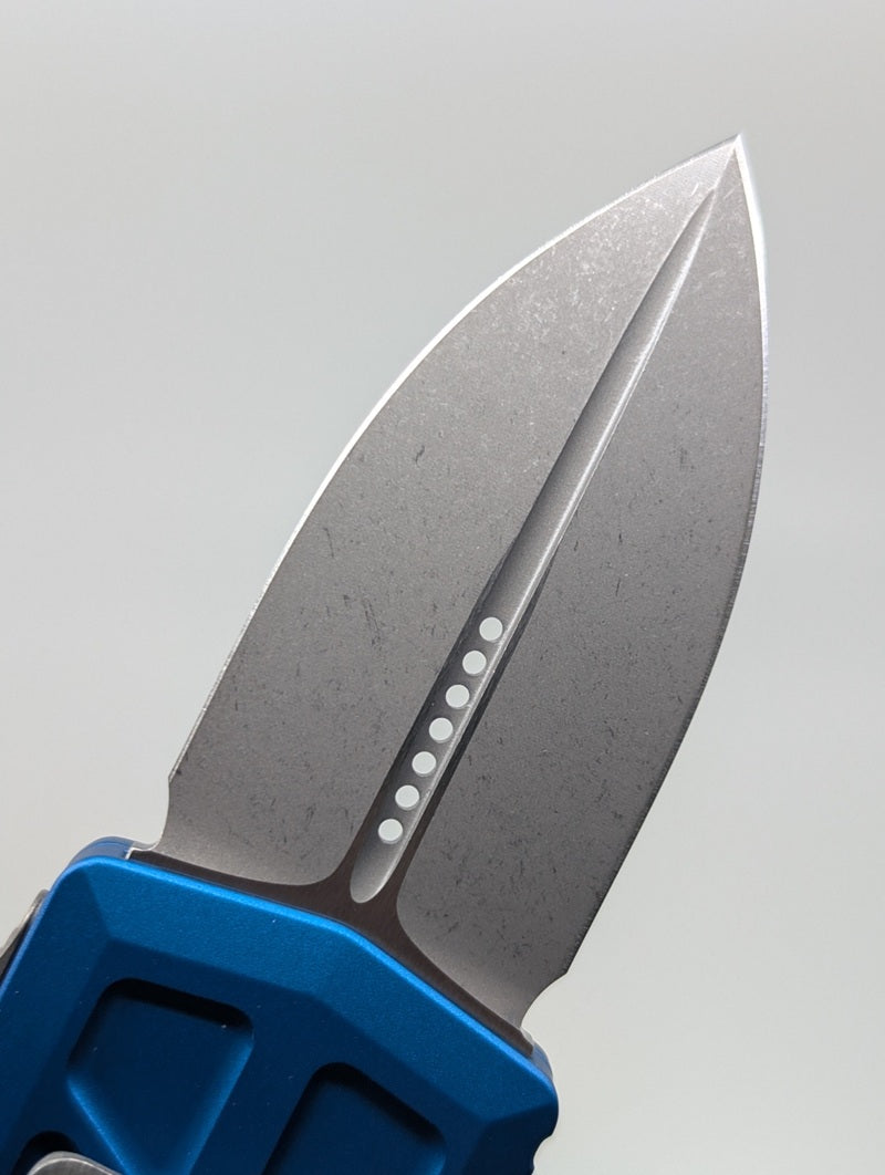 Microtech Exocet II Blue Double Edge Apocalyptic Out the Front Knife