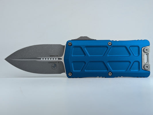 Microtech Exocet II Blue Double Edge Apocalyptic Out the Front Knife