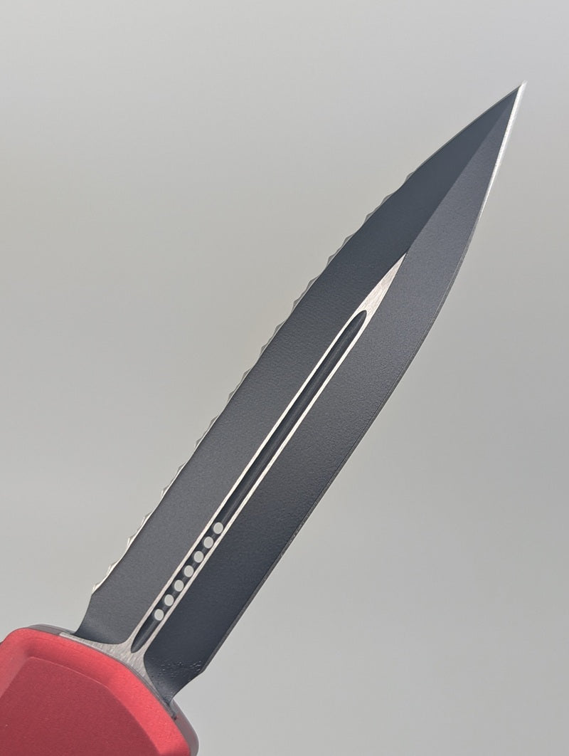 Microtech Hera II Mini Double Edge Red DLC Full Serrated Out the Front Knife