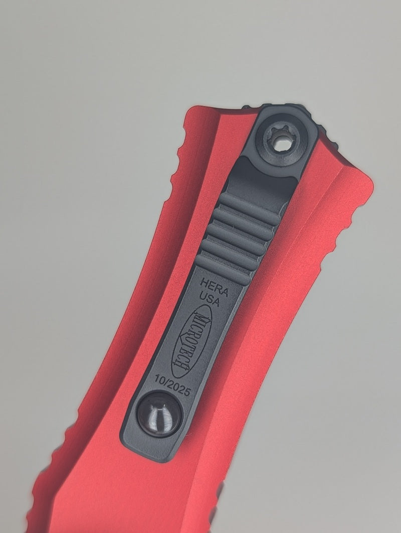 Microtech Hera II Mini Double Edge Red DLC Full Serrated Out the Front Knife