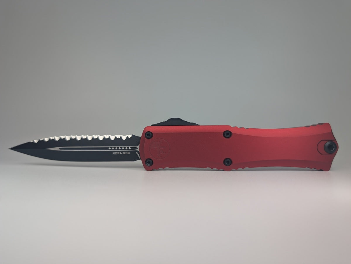 Microtech Hera II Mini Double Edge Red DLC Full Serrated Out the Front Knife
