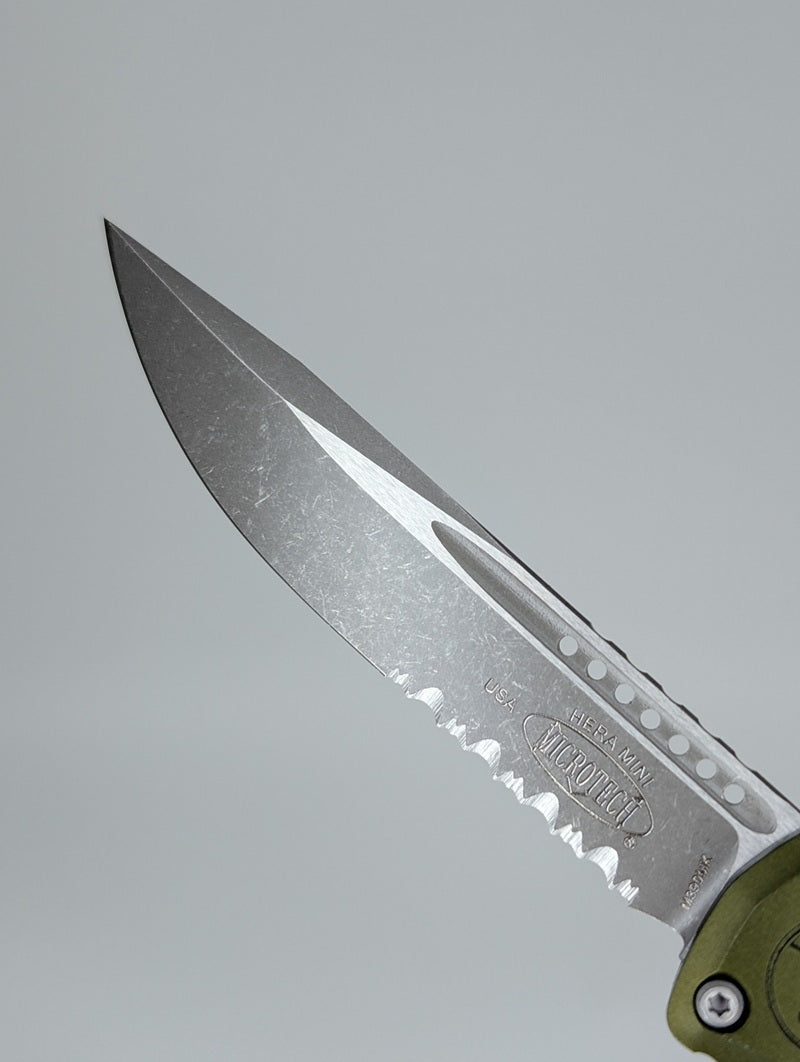 Microtech Hera II Mini S/E OD Green Apocalyptic Partial Serrated Out the Front Knife
