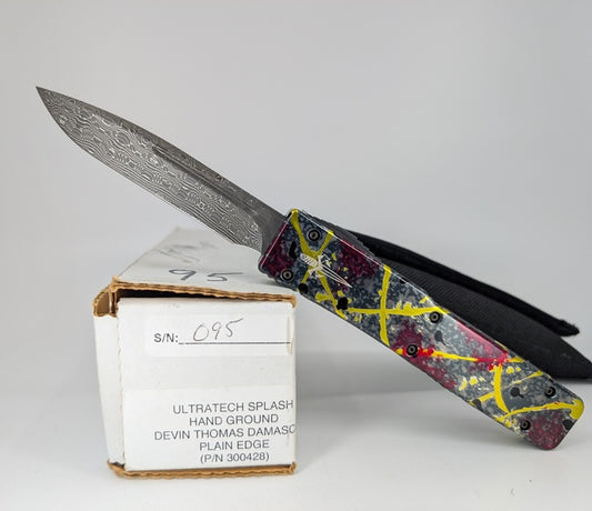 *Consignment* Microtech Marfione Custom Ultratech Splash Hand Ground Devin Thomas Damascus Out the Front Knife