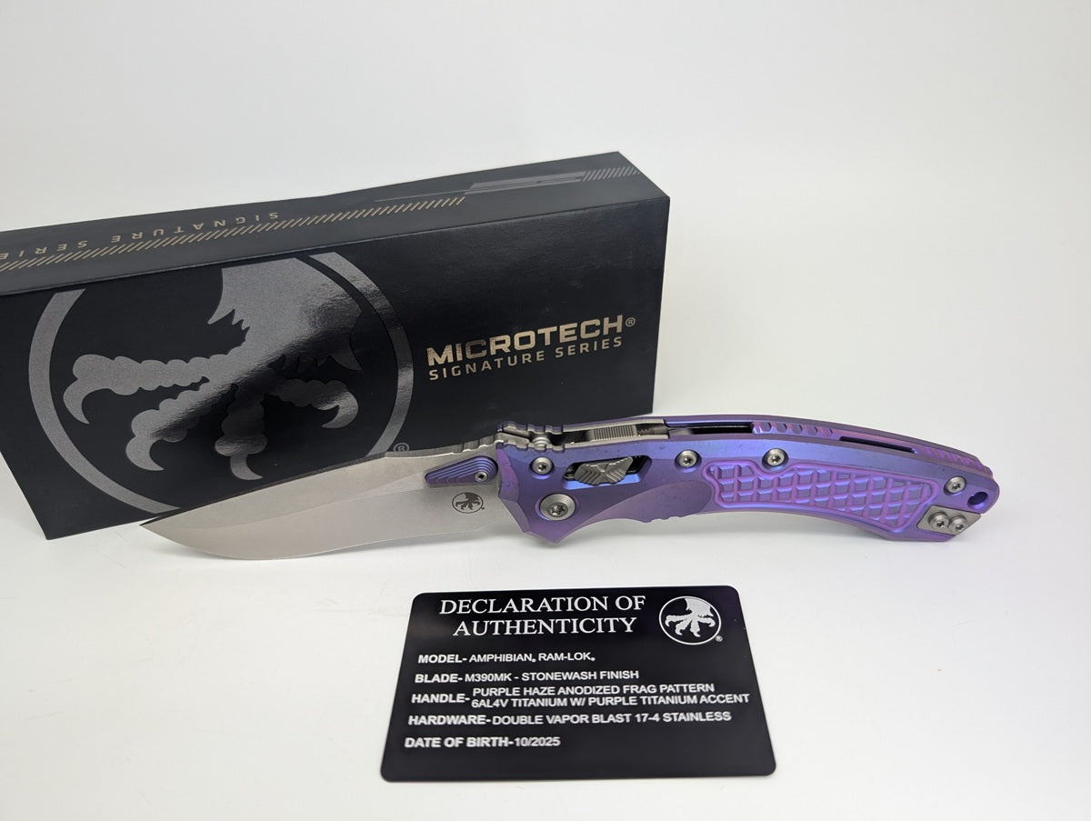 Microtech Marfione Select Amphibian RAM-LOK Purple Haze Anodized Frag Titanium Folding Knife