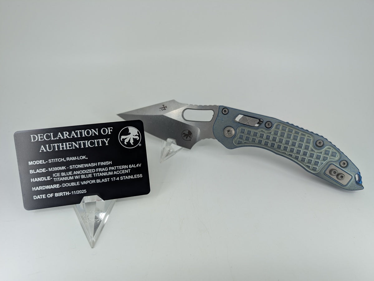 Microtech Stitch RAM-LOK Marfione Select Ice Blue Frag Titanium Double Vapor Blast Folding Knife