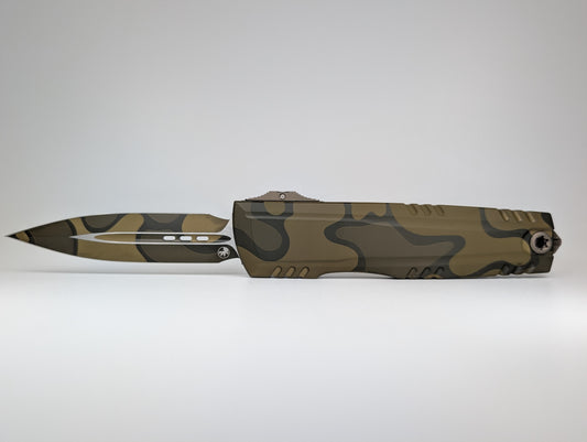 Microtech x Surefire Luminary ZBP D/E Signature Series Backwoods Olive Camo Out the Front Knife
