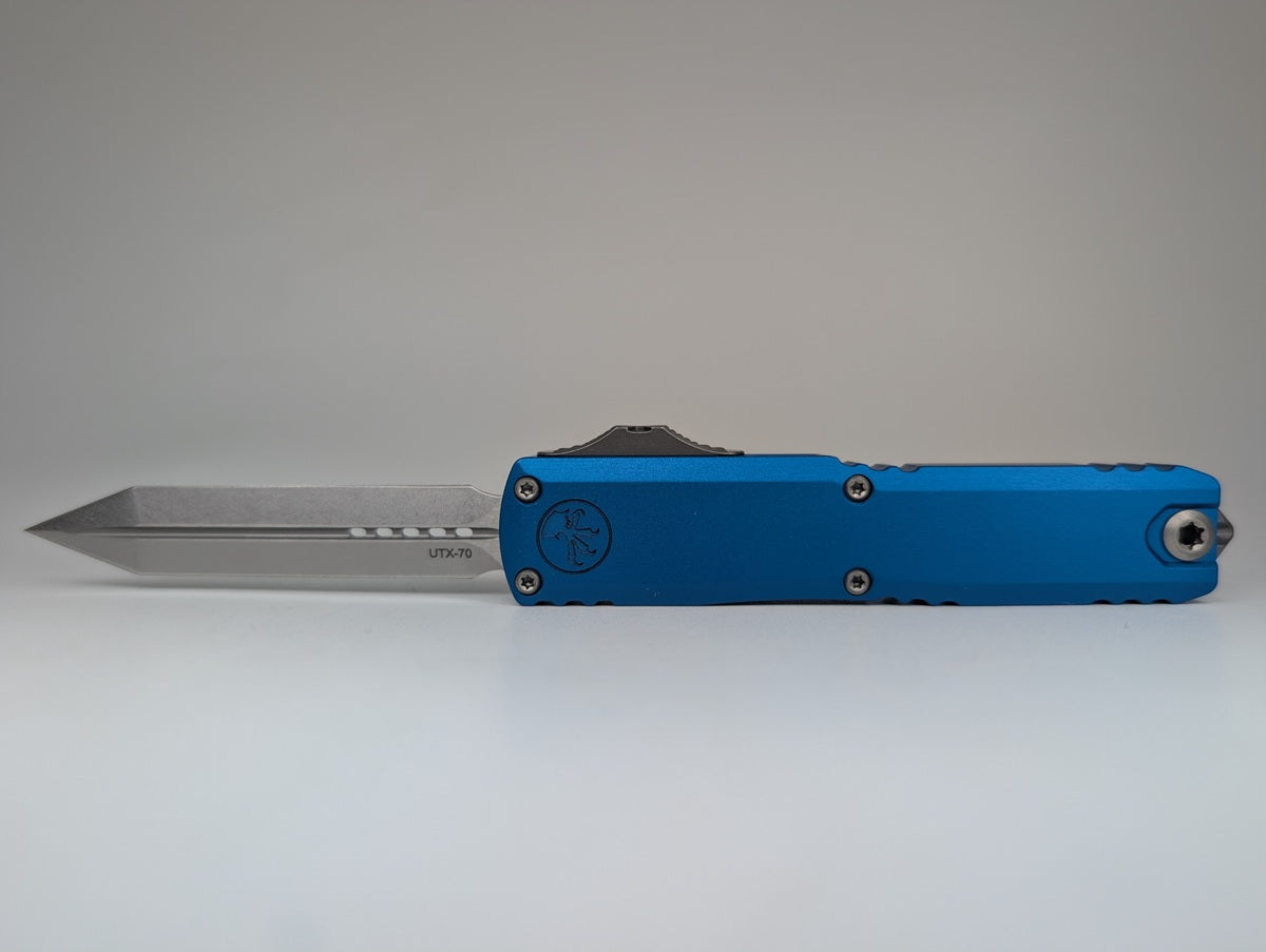 Microtech UTX-70 Gen IV Blue Spartan Apocalyptic Out the Front Knife