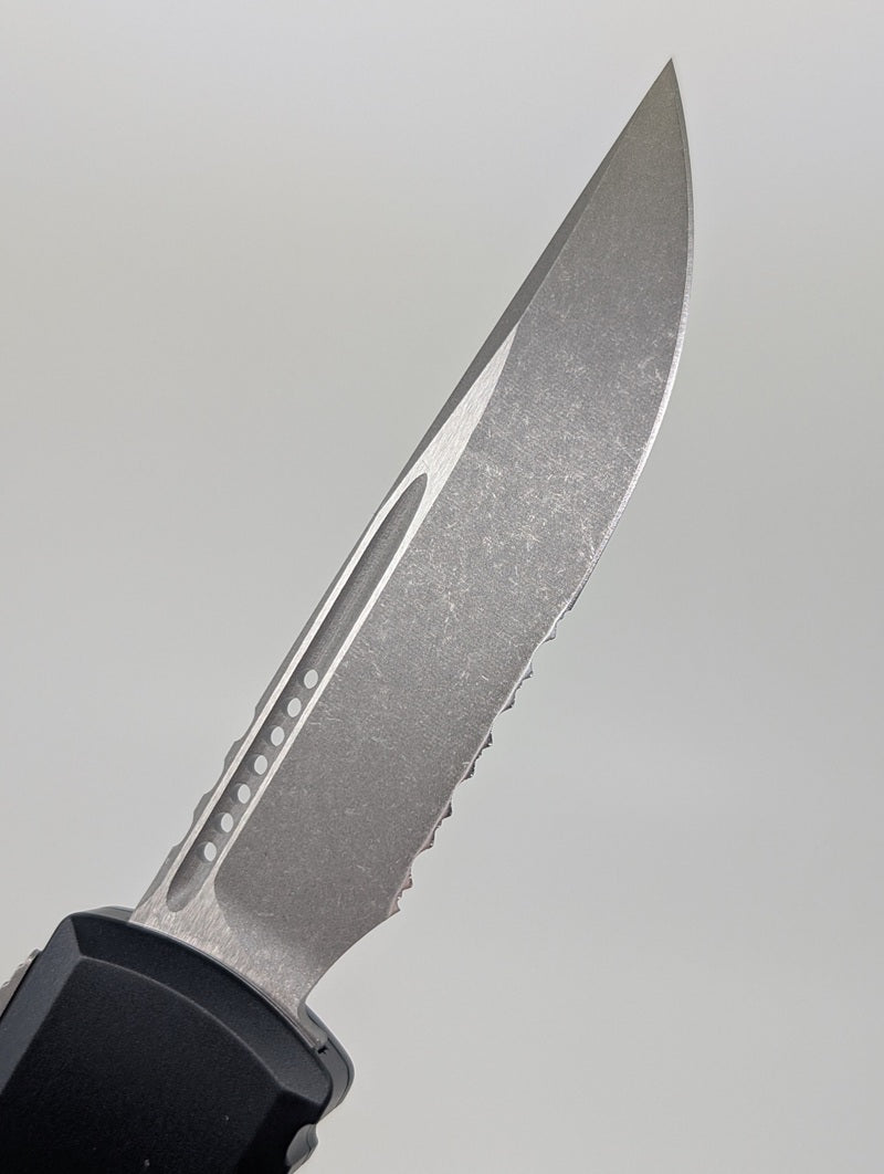 Microtech UTX-85 S/E Gen IV Black Apocalyptic Partial Serrated Out the Front Knife